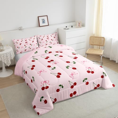 Image of Feelyou Bows Cherry Summer Comforter Set Twin Size Kids Boys Girls Bedding