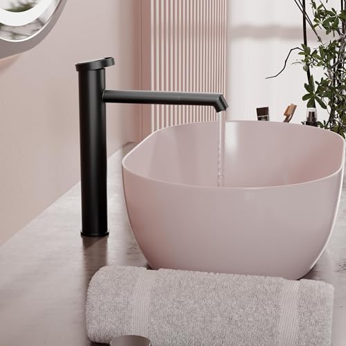 Image of Bassino Tall Matt Black Basin Mixer Faucet for Countertop Wash Basin | Modern Luxury Bathroom Tap with Sleek Design and Durable Brass Build | Hot and Cold Water Mixer - 10 Inch
