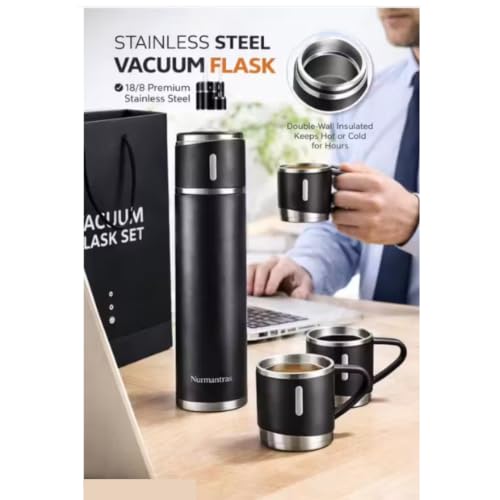 Image of 500ml Vacuum Flask Set with 2 Cups | Double Wall Stainless Steel Insulated Water Bottle for Hot & Cold Beverages | Portable Thermo Flask Gift Set for Travel, Office, Home & Outdoor Use (Multicolor)