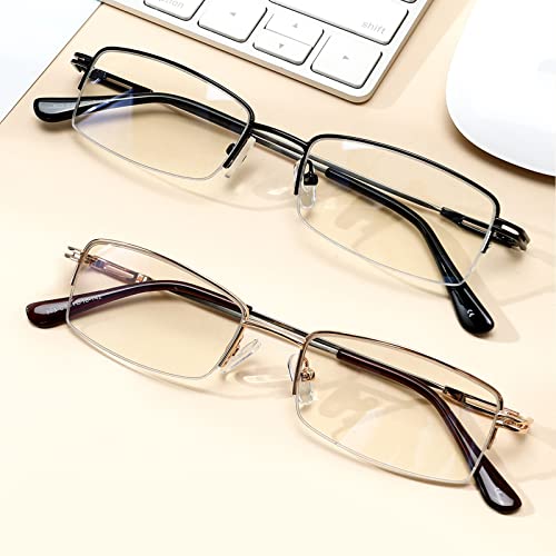 Kafirlo Wide Reading Glasses Men Blue Light Blocking Computer Reader Rimless Metal Frame Large Head Rectangle Stylish Eyeglasses 1.00 #TOP6