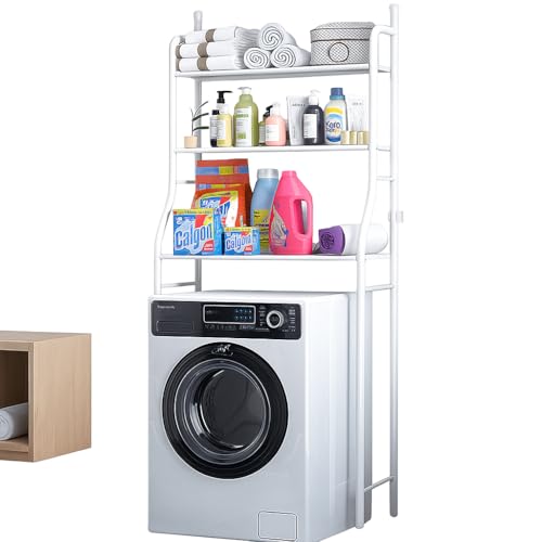 FlawlessPlus 3-Tier Bathroom Organizer Shelf - Multi-Function Washing Machine Rack Storage Stand for Toilet Accessories Small Cabinet with Paper Frame 4 Hooks Included White Color