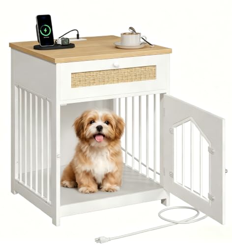 Dog Crate Furniture with Charging Station, Wooden Dog House with Storage Drawer, Indoor Pet Crate End Table for Small Breeds, Dog Kennel for Living Room, Bedroom, White