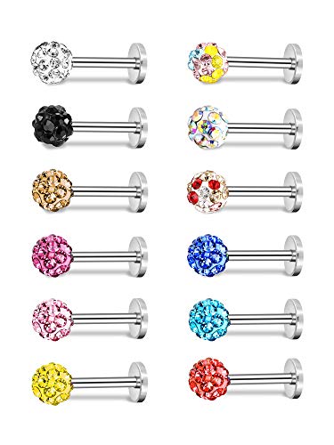 12 Pezzi 16 Gauge Acciaio Inossidabile Borchie Per Naso Barre Labret Helix Lip Piercing Gioielli Di Cristallo Trago, 12 Colori - 5