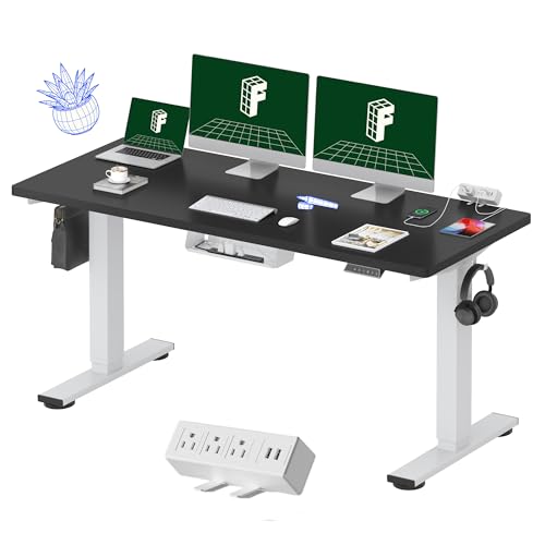 Image of FLEXISPOT EN2 Whole-Piece Standing Desk with Clamp Power Strip, 60 x 24 Electric Stand Up Height Adjustable Desk with Cable Management (White Frame + 60 inch Black Desktop, 2 Packages)