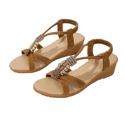 Wedge Sandals for Women Dressy Casual Boho T-Strap Buckle Pearls Sandals Elastic Band Platform Beach Shoes