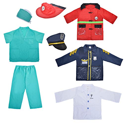 TOPTIE 4 Sets Kids' Role Play Costume Doctor Surgeon Police Officer Fire Chief Dress up Sets for Kids