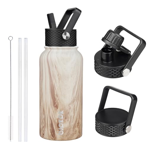 Image of BJPKPK Insulated Water Bottles with Straw Lid, 27oz Stainless Steel Water Bottle with 3 Lids, Leak Proof BPA Free Metal Thermo, Mugs, Tumblers, Keep Cold Hot - Wood- Yellow Gray