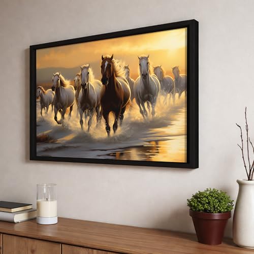 Image of 9 Running Horses Vastu Framed Wall Art Painting | Strength & Forward Energy Nine Horse Painting With Frame for Living Room, Home & Office, 10x12 Inch