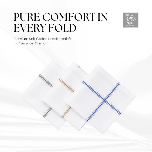 Image of Men's White Cotton Handkerchiefs | Soft & Sweat Absorbent Hankies for Men & Boys | Daily Use Rumal for Office, Travel & Everyday Use | Size 50 x 50 cm | Pack of 3