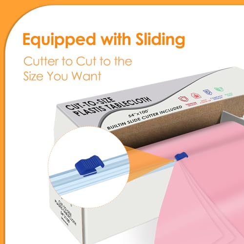 Image of tujol Pink Disposable Plastic Table Cloth Roll 54 inch X 100', Plastic Table Cover with Cutter Box, Cut to Size Disposable Tablecloth for Parties