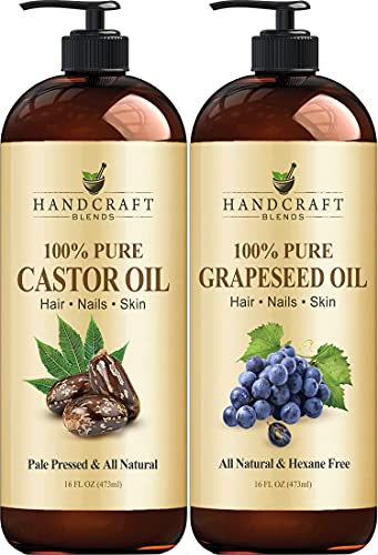 Handcraft Castor Oil and Grapeseed Oil - Hair Growth, Eyelashes and Eyebrows - 100% Pure and Natural Carrier Oils & Body Oils - Use as Aromatherapy Carrier Oil, Moisturizing Massage Oil - 16 fl. oz