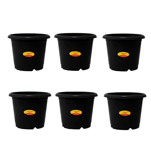Image of Synergy Plast Plastic Round Shape Flower Pots 6 Pcs, 16 Inch Heavy Duty Plant Containers /Planter /Gamla /Plant Pot for Gardening, Balcony, Terrace, Home Decor Indoor & Outdoor Planting (Black)