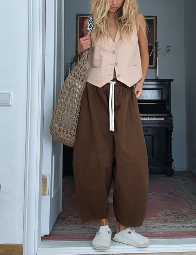Wyeysyt Barrel Jeans Women Wide Leg Elastic Waistband Cotton Pants Baggy Palazzo Pants with Pockets3