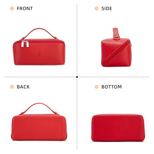 Travel Makeup Bag,Large Capacity Cosmetic Bags for Women, PU Leather Waterproof Portable Pouch Open Flat Toiletry Bag Make up Organizer with Divider and Handle (red)2