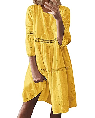 ORANDESIGNE Sommerkleid Damen Lang Maxikleid Elegant Freizeitkleid Sommer Retro Swing Kleid Festlich Große Größen Strandkleid Leinenkleider B Gelb...
