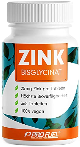 Zink 25mg - 365 Tabletten (vegan) mit Zinkbisglycinat (Zink-Chelat) für höchste Bioverfügbarkeit - laborgeprüft mit Zertifikat - optimal hochdosiert - 1 Jahresvorrat - ProFuel Zink 25mg - 365 Tabletten (vegan) mit Zinkbisglycinat (Zink-Chelat) für höchste Bioverfügbarkeit - laborgeprüft mit Zertifikat - optimal hochdosiert - 1 Jahresvorrat - ProFuel