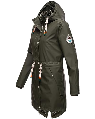 Navahoo Damen Übergangsjacke Regenmantel wasserdichte lange Regenjacke mit verstellbarer Kapuze und geschweißten Nähten Tropical Stormoo Oliv Gr. M