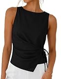 Zelroxa Womens Black Wrap Top Cotton Linen Crop Top Tanks Tie Front Sleeveless Ruched Boat Neck Shirts Waist Cinching Blouses Casual Summer Beach Work Tops Going Out Toos