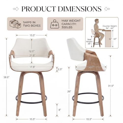 Image of HNY 26 inch Swivel Bar Stools Set of 3, Beige Linen Counter Height Barstools | 360 Swivel Bar Height Stools, Barrel Backrest, Solid Wood Frame, Round Footrest, Counter Stools for Kitchen Island, Home Bar