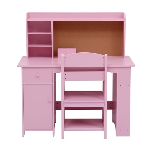 dainslef Kids Desk and Chair Set, Wooden Children Study Table with Storage Shelves, Cork Bulletin Board, Drawer and Cabinet, Student Computer Workstation Writing Desk for Kids Bedroom, Pink