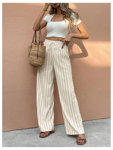 Women's Striped Straight Leg Pants Drawstring High Waisted Vacation Trouers Casual Lounge Pants3
