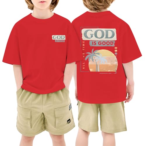 Image of KEEVICI Boys God is Good Shirt Christian Faith Shirts for Kids Jesus Beach Palm Tree Hawaiian Tshirt Graphic Tees Cotton Tops
