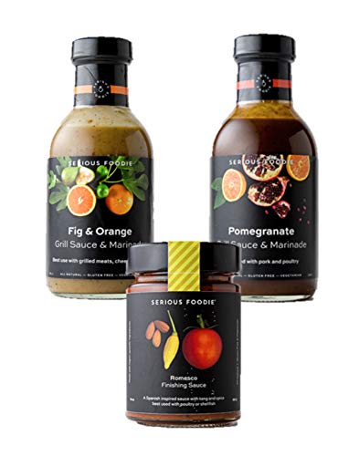 Product Image of the The Serious Foodie Sampler Pack - European Flavors: Fig & Orange Grill Sauce & Marinade, Romesco Finishing Sauce, Mediterranean Pomegranate Sauce