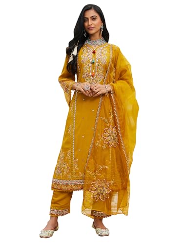 Image of INDO ERA Women's Silk Blend Embroidered Straight Kurta Pant with Dupatta (Ieout6967)