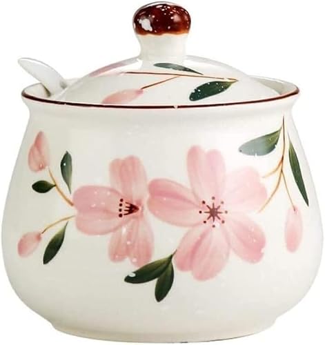 KYUEPONG Sugar Container, Ceramic Sugar Bowl Hand Paint Flower Seasoning Jar with Lid Spoon