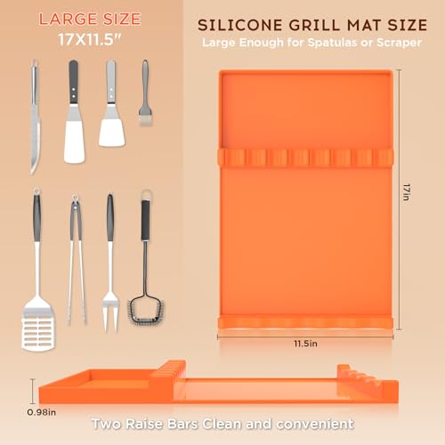 JACZZO Silicone Grill Mat for Blackstone Griddle Accessories,17x11.5 Large Silicone Spatula Mat with Drip Pad, BBQ Griddle Tools for Outdoor Grill Kitchen Counter (Orange)