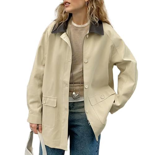 Women's Lapel Oversized Patchwork Cargo Jacket Fashion Contrast Color Loose Zip Button Coat with Big Pocket