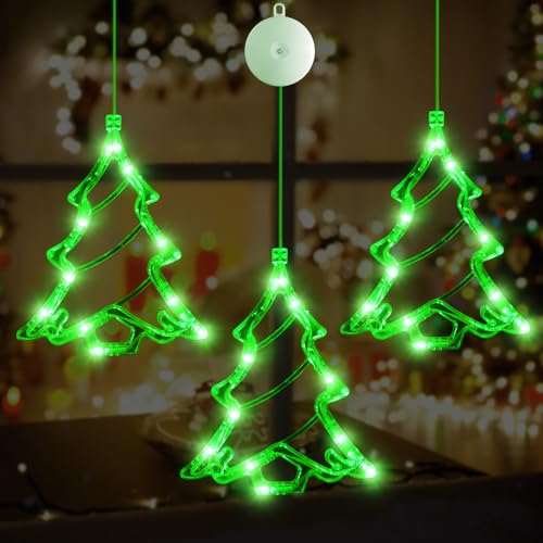 LYUBASA 3Pcs Battery Powered LED Christmas Tree Shaped Window Lights - Green Sucker Lamps for Xmas Decor Indoors and Outdoors