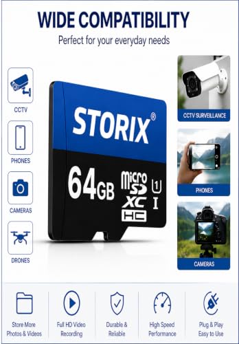 Image of STORIX Micro SD Card 64GB Class 10 U1 up to 150MB /s,Memory Card for CCTV, Smartphone, Drones 5Y Warrenty