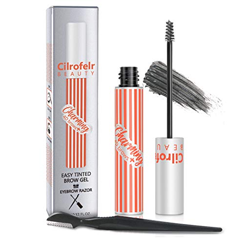4D Charming Tinted Eyebrow Gel, Cilrofelr Waterproof Eyebrow Gel with Spoolie Brush & Eyebrow Razor, Long Lasting, Non-Sticky, For Natural Brow Looking, Cruelty Free & Paraben Free, Dark Gray, 5.0g