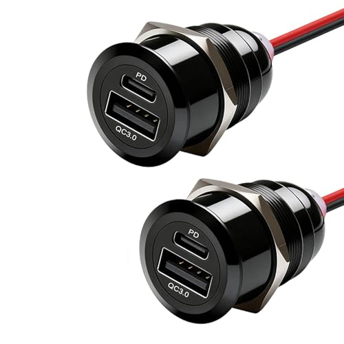 Prise USB 12V Double PD 12W et QC3.0 12W Aluminium Voiture Chargeur Encastrable pour Camping Car Bateau Marine Caravane Camion, 2 Pièces