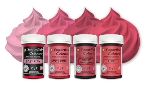 Sugarflair Paste Colour Pink, Rosa Set/4, Colorantes Alimentarios, Colorantes: Dusty Pink/Wine, Baby Pink, Rose Pink, Pink - Set/4