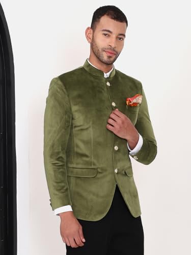 Image of MANQ Men Slim Fit Bandhgala Velvet Blazer - Mandarin Collar, Button Closure, Long Sleeves, Solid Ethnic Winter Wear with Three Pockets for Adults