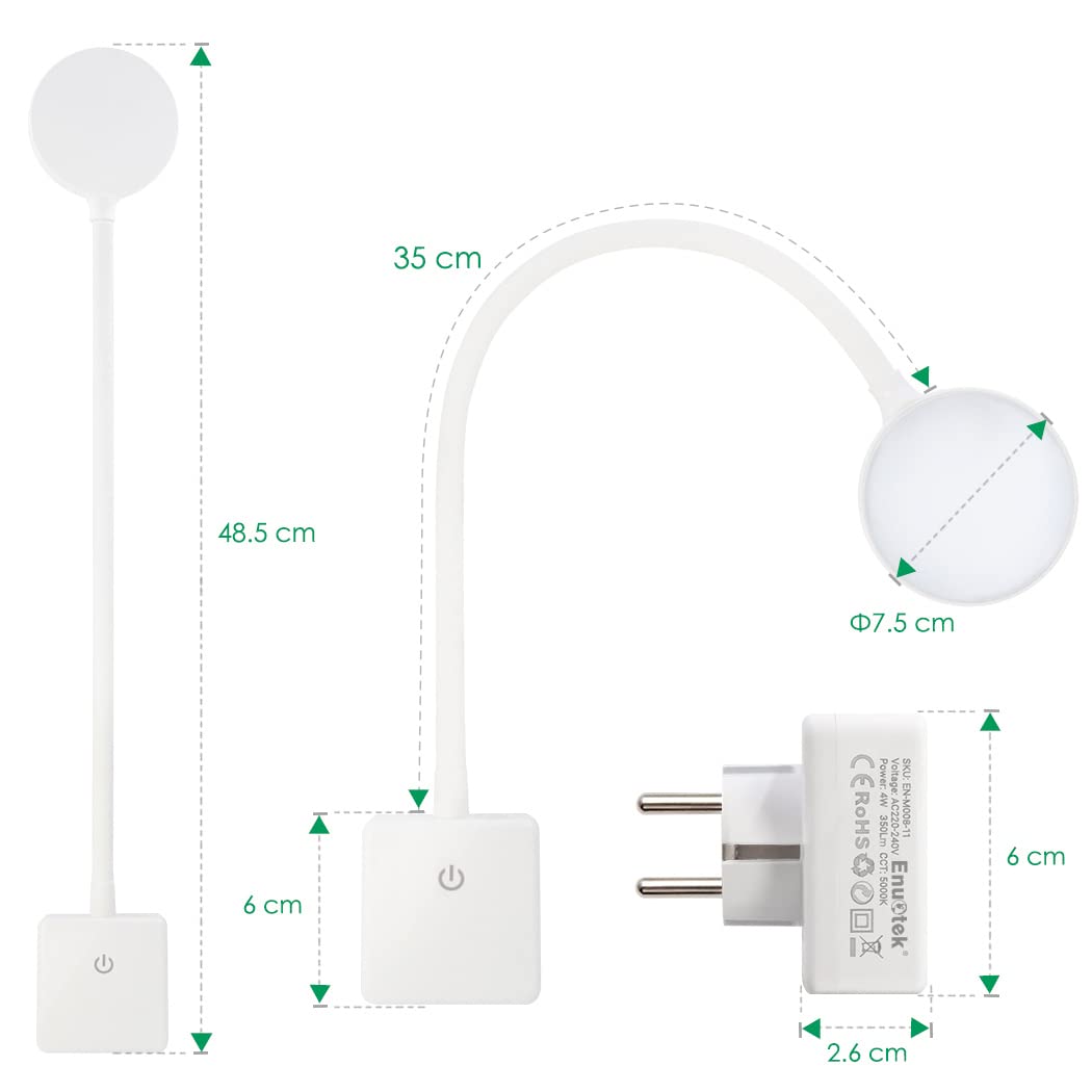 ENUOTEK Lampa LED do czytania z białym gniazdem przy łóżku 4 W, montowana na ścianie, z dotykowym ściemniaczem 350 lm, oświetlenie sypialni, 2 lampki