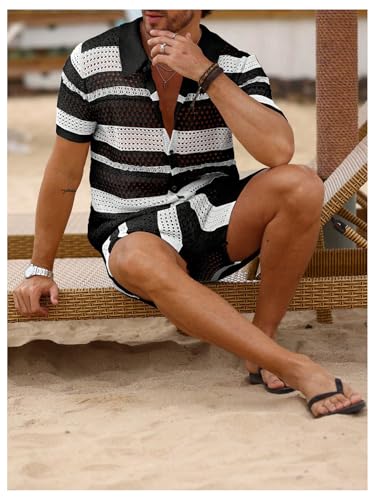 Verdusa Men's Knitted 2 Piece Outfitd Short Sleeve Hollow Out Button Up Shirt and Shorts Set4