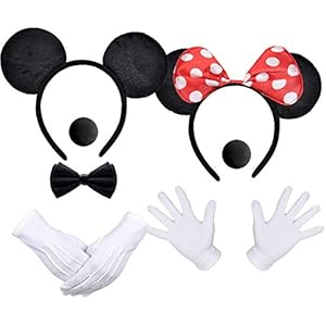 iZoeL 2Stk Haarreifen mit Maus Ohren Rote Schleife und Schwarz + 2 weiße Handschuhe + 2 Nase + 1 Fliege Schleife,Fasachingkostüme Accessoire Karneval Mottoparty Cosplay Halloween Kostüm