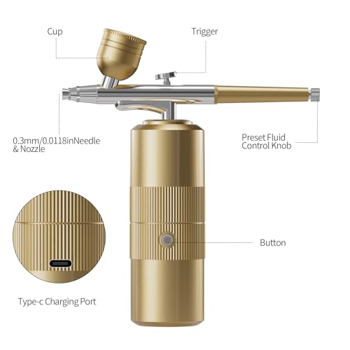 Airbrush Kit with Compressor Portable Airbrush Kit 48PSI High-Pressure Non-Clogging Air Brush Set Cordless Rechargeable with 0.3mm Nozzle and Cleaning Brush for Painting,Nail Art, Makeup (Gold) - Thumbnail 7