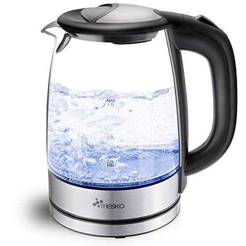 TRESKO Glas Wasserkocher 1.7L - 2200W | LED-Beleuchtung | BPA -frei | 360° Edelstahl Sockel | Abschaltautomatik | Filter Cover