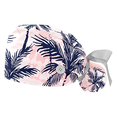 IROLSKDNFH 2 Pcs Working Cap with Button Abstract Tropics Palm Trees Pattern Adjustable Ponytail Pouch Hats for Women