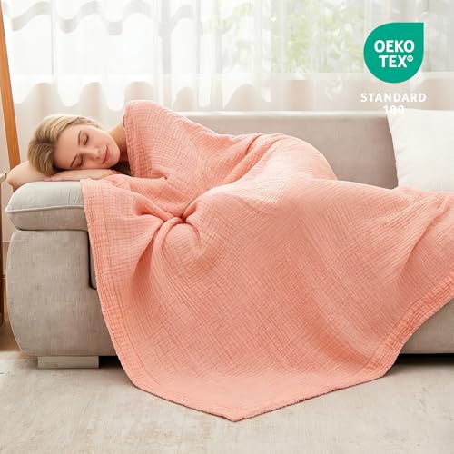 Image of EMME Muslin Blankets for Adults Throw Blanket for Couch Breathable Gauze Soft Lightweight Airy Pink Throw 50 inch x 60 inch