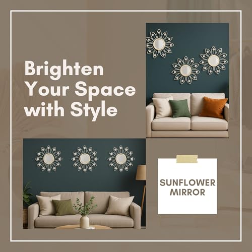 Image of Metal Sunflower Mirror Wall Decor with Crystals Decorative Mirror Wall Mounted | Mirror Wall Decor for Living Room Beautiful Modern Designer | Hanging Mirror Sculpture Set of 3 (Crystal White)
