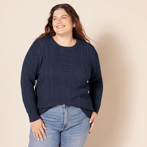 Image of Amazon Essentials Women's Regular Fit Soft Cotton Cable Knit Ribbed Crewneck Sweater (Available in Plus Size)