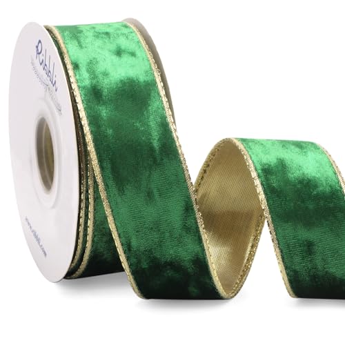 Image of Ribbli Emerald Green Velvet Wired Ribbon 1.5 Inch Metallic Green Crushed Velvet Christmas Ribbon for Gift Wrapping Christmas Tree Decoration Crafts Wreaths Supplies-Continuous 10 Yards