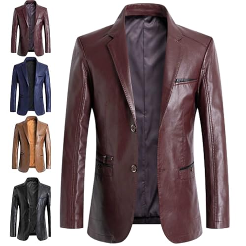 GAGFDA Veste blazer en cuir pour homme, coupe classique, manteau d'affaires en peau d'agneau, doublée boutonnée, style moto avec plusieurs poches, Rouge, L