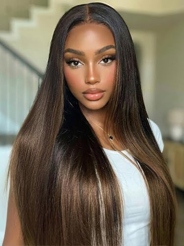 Image of KLAIYI Ombre Brown Yaki Straight Bye Bye Knots Precut 7x5 Lace Front Wigs Human Hair Glueless Drawstring Pre Plucked Bleached 3S Ready to Wear and Go Wig with Dark Roots Chestnut Balayage Brown 16Inch