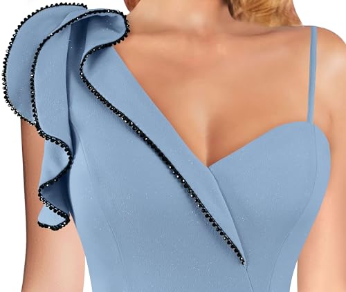 Image of VFSHOW Womens Formal Prom Elegant Ruffle One Shoulder Beaded Strap Ruched Slit Maxi Dress Wedding Evening Long Gown